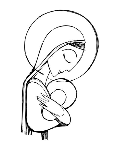 illustrazioni stock, clip art, cartoni animati e icone di tendenza di illustrazione della vergine maria e del bambino gesù - madonna