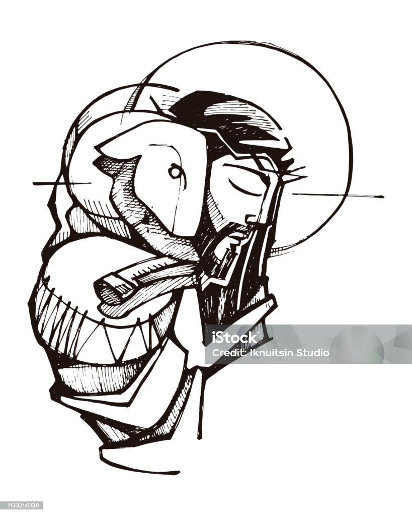 Jesus Christ Good Shepherd Hand drawn vector illustration or drawing of Jesus Christ and a sheep Jesus Christ stock vector