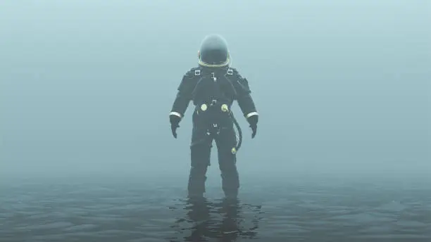 Astronaut in an Black an Gold Advanced Crew Escape Suit with Black Visor Standing in Water in a Foggy Overcast Environment 3d illustration