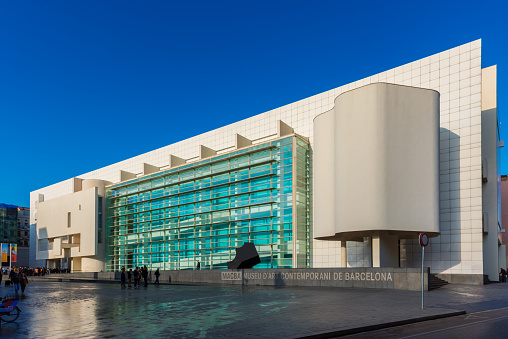 Barcelona, Spain - December 28, 2018: Barcelona Museum of Contemporary Art (MACBA) in Barcelona, Spain. The museum opened in 1995 and focuses mainly on post-1945 Catalan and Spanish art.