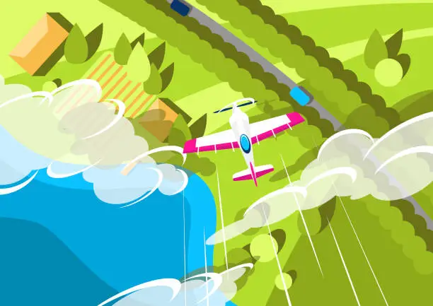 Vector illustration of vector illustration of a light-engine plane flying over and with houses with car, trees, road, forest, lake and clouds. The flight of the aircraft, top view