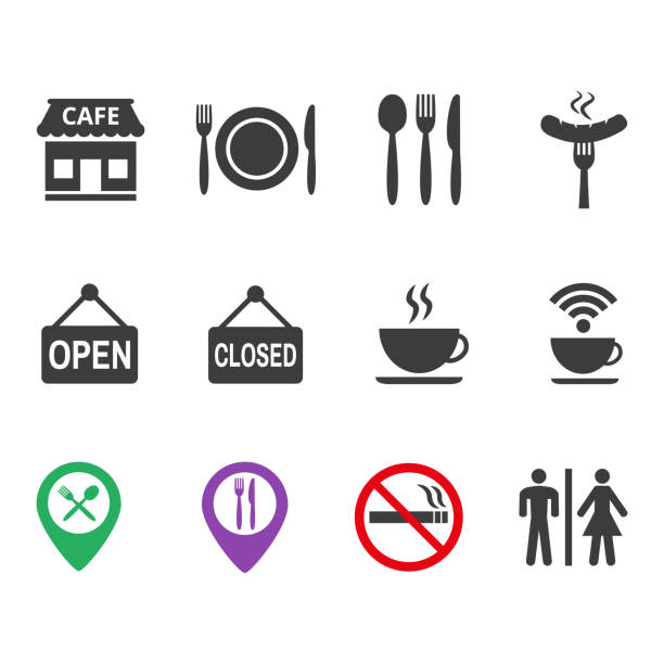 ilustraciones, imágenes clip art, dibujos animados e iconos de stock de iconos de restaurantes y cafés con fondo blanco. - kitchen utensil instrument of measurement spoon isolated