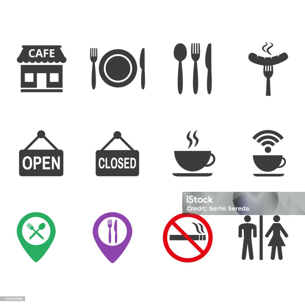 Restaurant and cafe icons set on white background. Restaurant and cafe icons set on white background. Vector illustration Icon Symbol stock vector