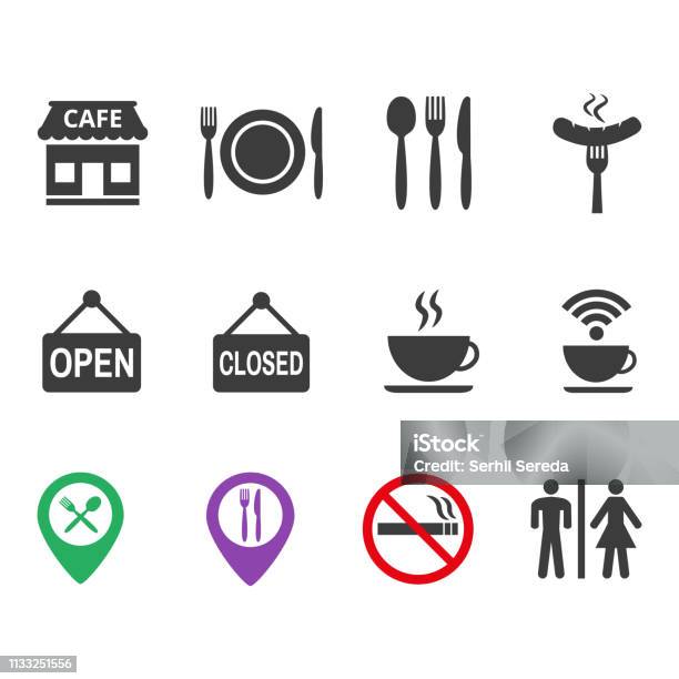 Restaurant And Cafe Icons Set On White Background Stock Illustration - Download Image Now - Icon Symbol, Restaurant, Cafe