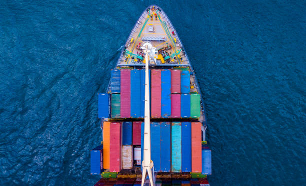 Container Ship Bow Container Ship from sky view. long beach california photos stock pictures, royalty-free photos & images