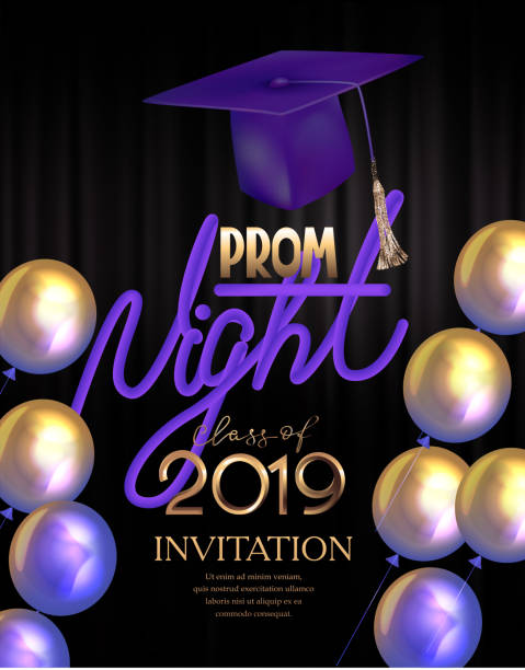 Prom night poster with colorful air balloons and graduation cap. Vector illustration Prom night poster with colorful air balloons and graduation cap. Vector illustration prom stock illustrations