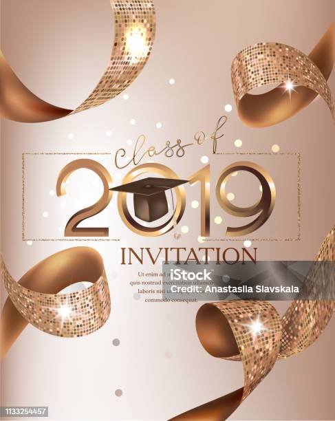 Graduation Party Class 2019 Beige Card With Golden Ribbons Vector Illustration Stock Illustration - Download Image Now