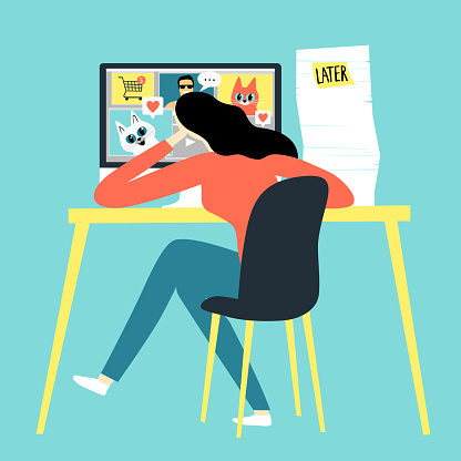 Cartoon girl watching funny pictures and video  instead of working. Procrastination vector illustration for your design.