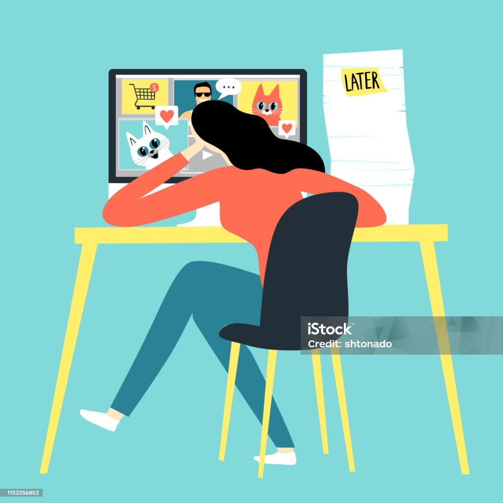 Girl Watching Funny Pictures And Video Instead Of Working Stock  Illustration - Download Image Now - iStock