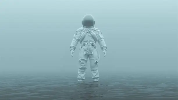 Astronaut in an White Advanced Crew Escape Suit with Black Visor Standing in Water in a Foggy Overcast Environment 3d illustration