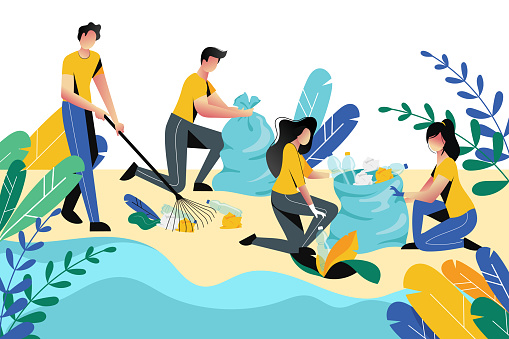 Volunteering, charity social concept. Volunteer people cleaning garbage on beach area or city park, vector flat illustration. Ecological lifestyle.