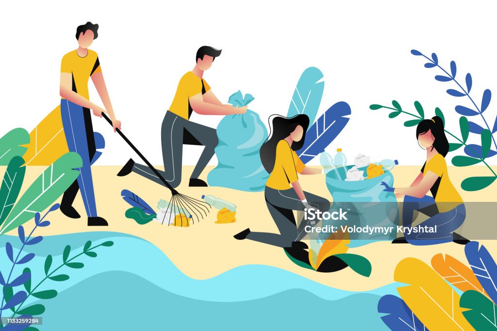 Volunteering, charity social concept. Volunteer people cleaning garbage on beach area or city park, vector illustration Volunteering, charity social concept. Volunteer people cleaning garbage on beach area or city park, vector flat illustration. Ecological lifestyle. Cleaning stock vector