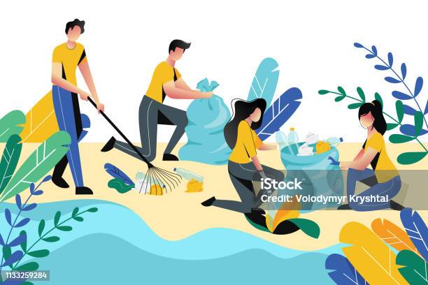 Volunteering Charity Social Concept Volunteer People Cleaning Garbage On Beach Area Or City Park Vector Illustration Stock Illustration - Download Image Now