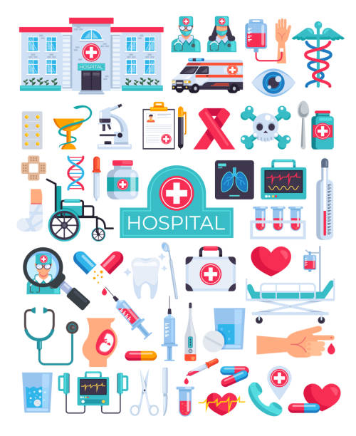 Medical hospital clinic emergency aid surgery diagnosis design graphic flat cartoon icon elements illustration set Medical hospital clinic emergency aid surgery diagnosis design graphic flat cartoon icon elements illustration medical equipment stock illustrations
