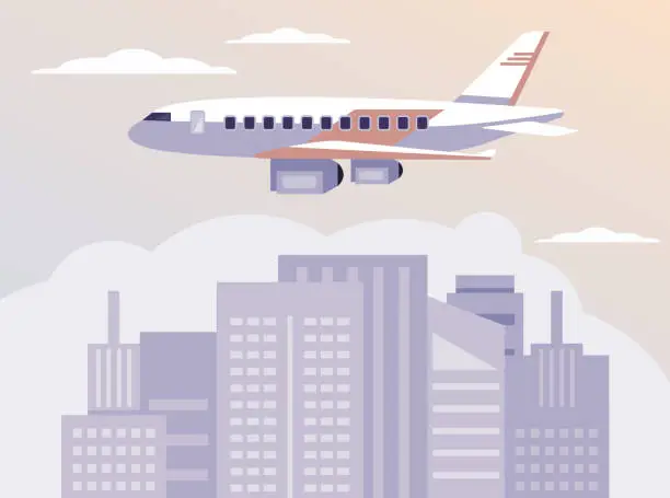 Vector illustration of Airplane flying above city town buildings. Traveling tourism vacation concept. Vector flat cartoon graphic design illustration banner poster