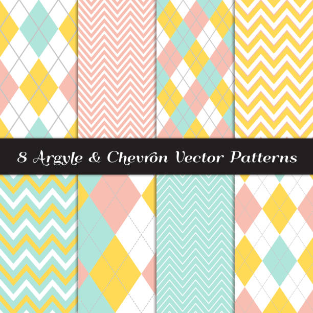 ilustrações, clipart, desenhos animados e ícones de amarelo, hortelã, coral e branco argyle e padrões de chevron - chevron pattern repetition zigzag