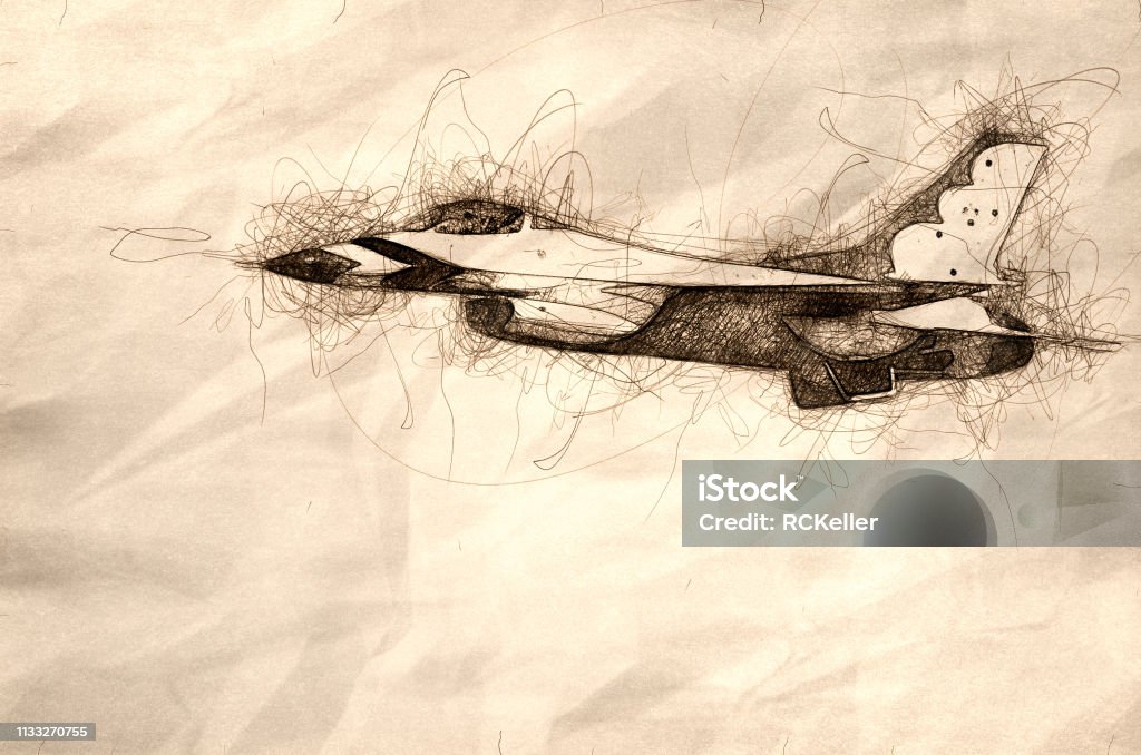 Sketch of a Military Fighter Jet Passing By Air Force Thunderbirds stock illustration