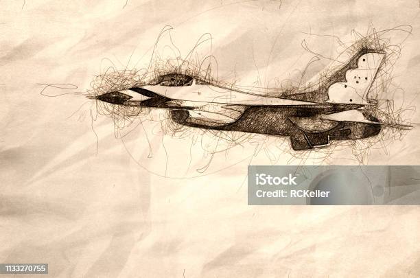 Sketch Of A Military Fighter Jet Passing By Stock Illustration - Download Image Now - Air Force Thunderbirds, Aerobatics, Air Force