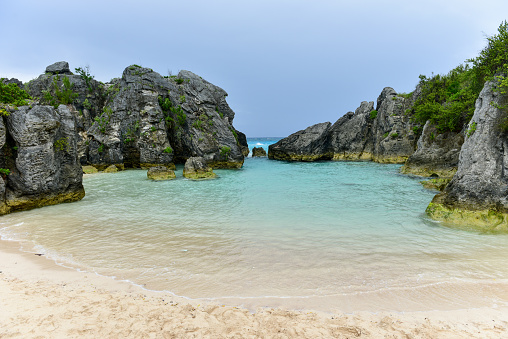 Clear water and pink sand of Jobson Cove Beach in Bermuda.