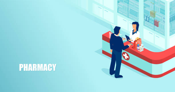 Vector of a pharmacist selling prescription drugs to a patient in drugstore Vector of a doctor pharmacist selling prescription drugs to a patient in drugstore pharmacist cartoon stock illustrations