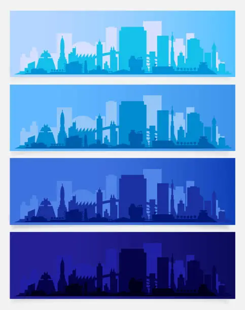 Vector illustration of Trendy city skyline colored sets in different time of the day. Vector illustration