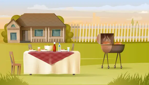 Vector illustration of Family Barbeque on Country House Yard Vector