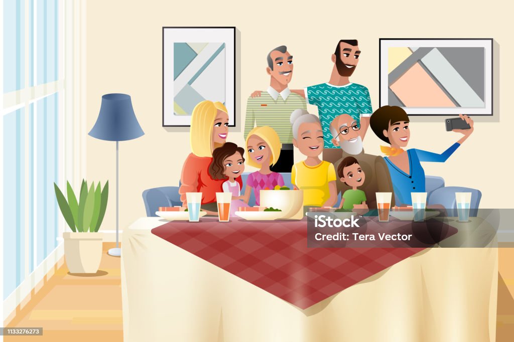 Big Family Holiday Dinner At Home Cartoon Vector Stock Illustration -  Download Image Now - Dinner, Family, Domestic Life - iStock
