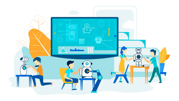 Robot Creating. Young Student Workshop. Cyborg Toy Robot Creating. Young Student Workshop. Artificial Intelligence Develop and Assembly Hobby or School Program. Model Construct Tech Engineering Club. Future Electronics Learning. Mindset Class. child robot class stock illustrations