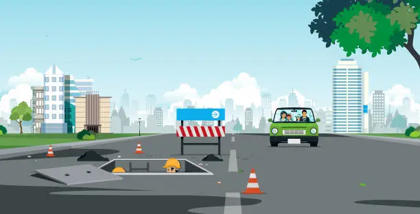 Vector illustration of Road pipe repair