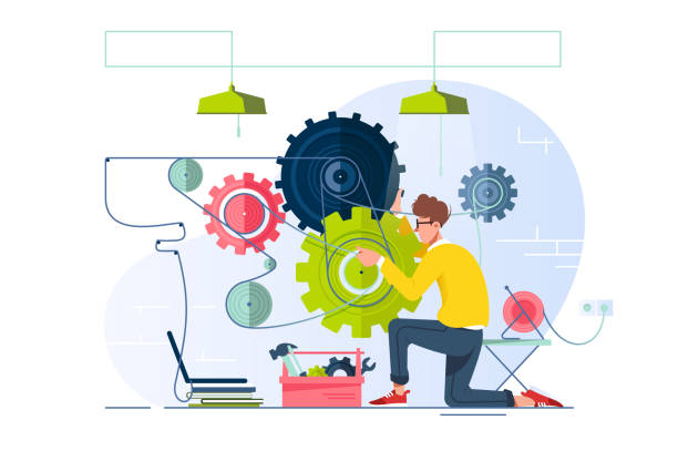 ilustrações, clipart, desenhos animados e ícones de reparo liso do homem novo e fine-tune engrenagens com portátil. - repairing computer work tool conformity