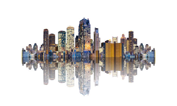 istock Futuristic modern buildings with reflection, isolated on white background 1133305781
