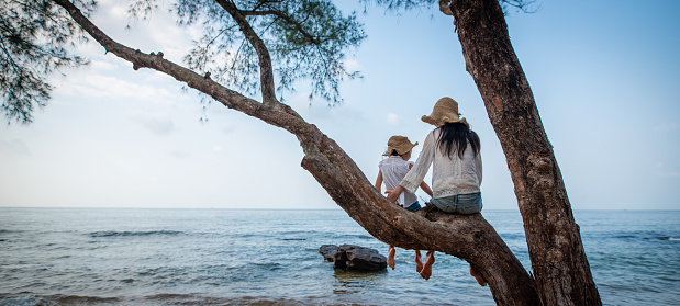 Mother and daughter sit on a tree at the beach