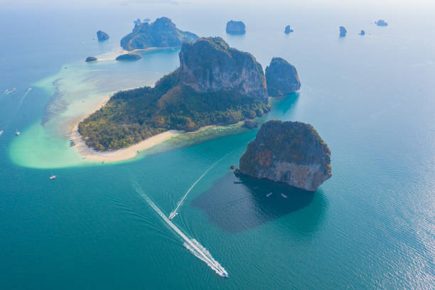 aerial panorama view on Poda archipelago in Krabi aerial photography Koh Poda is one the most popular islands in Krabi archipelago. koh poda stock pictures, royalty-free photos & images
