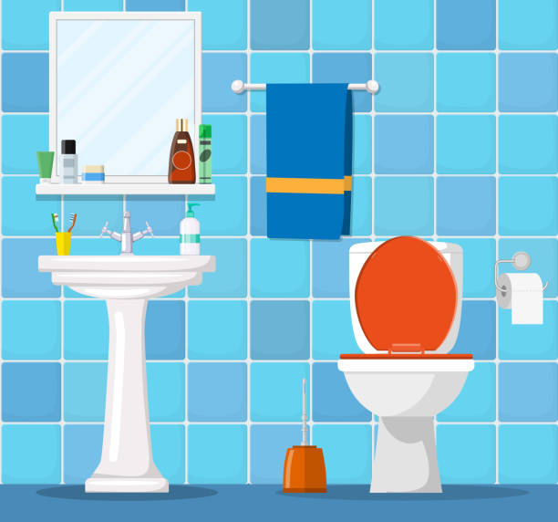 illustrations, cliparts, dessins animés et icônes de intérieur de salle de bains avec cuvette de toilette, - sink