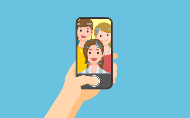 ilustraciones, imágenes clip art, dibujos animados e iconos de stock de tomar fotos en un smartphone - human head illustration and painting women color image