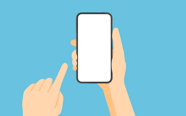 ilustraciones, imágenes clip art, dibujos animados e iconos de stock de mano sosteniendo teléfono inteligente y pantalla táctil - hand holding phone