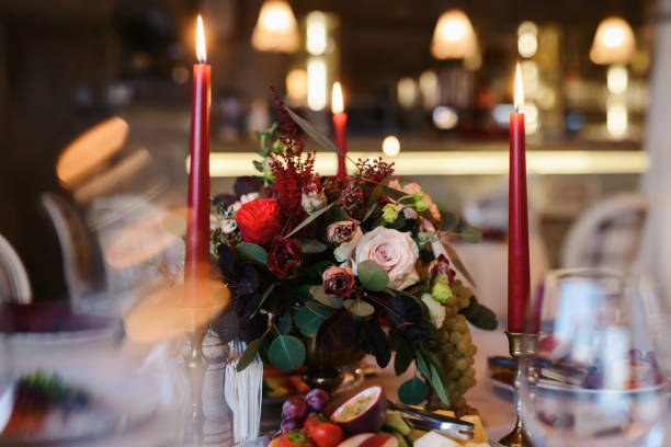 istock Valentines day or wedding meal background. Romantic holiday table setting. Restaurant concept. Flat lay 1133329042
