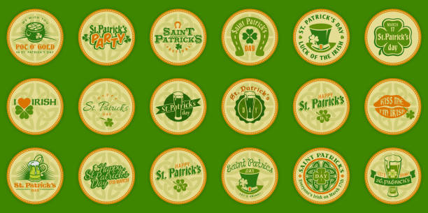 vector st patrick dzień irlandzki logo etykiety zestaw ikon - st patricks day irish culture pub clover stock illustrations