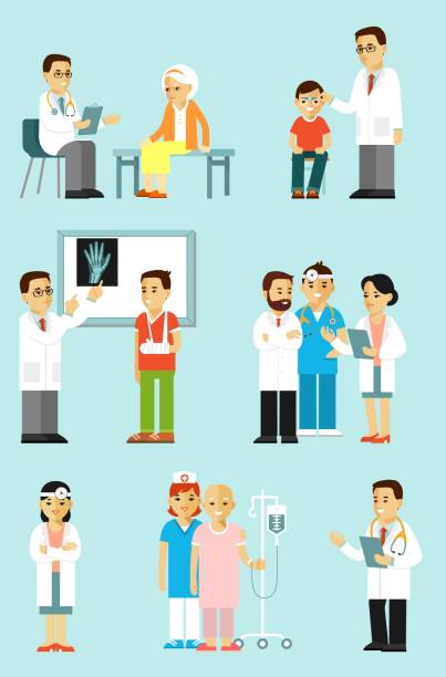 Set of doctors and patients in different situation. Medical staff and illness people in hospital. Consultation, medical diagnosis and treatment. Vector illustration in flat style isolated on blue background. roentgen stock illustrations