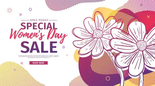 Vector illustration of Modern Template design for 8 march event.  Promotion banner  for international women's day offer with flower decoration.  Line illustration blossom floral with abstract geometric shape sale. Vector