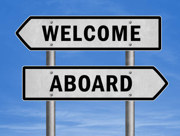 welcome aboard - road sign greeting stock photo