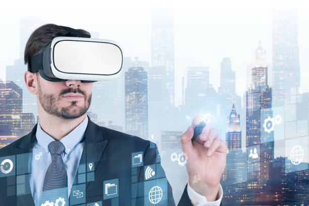 istock Man in vr glasses working with business interface 1133337198