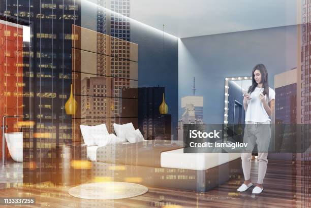 Gray Bedroom Corner With Mirror Woman Stock Photo - Download Image Now - Adult, Apartment, Architecture