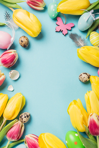 Happy Easter card. Frame with yellow tulips and easter quail eggs with copy space for text on blue background. Top view.