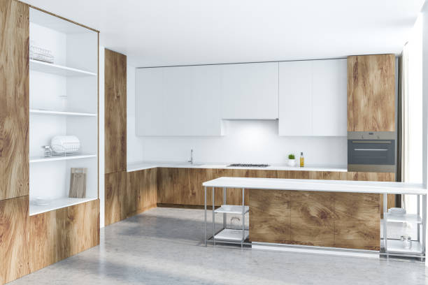 istock White and wooden kitchen, island and cupboard 1133338481