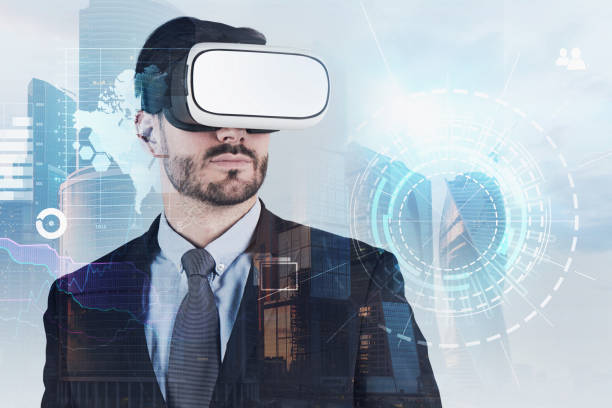 istock Man in vr glasses, hud interface in city 1133339688