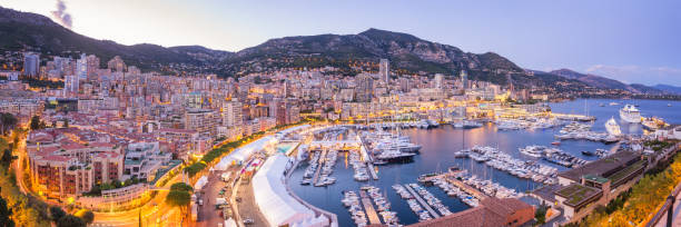 Monaco Panoramic View at Dusk Monaco Panoramic View at Dusk monaco stock pictures, royalty-free photos & images