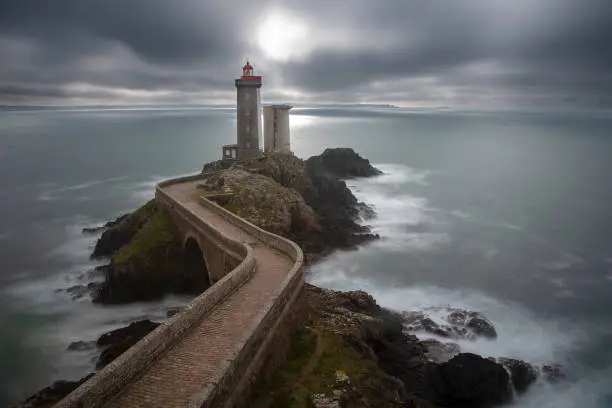 Phare du Petit Minou lighthouse bad weather long exposure horizontal , Brittany, France