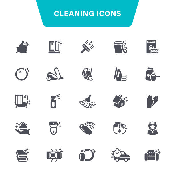 ilustraciones, imágenes clip art, dibujos animados e iconos de stock de iconos del servicio de limpieza - dust dusting cleaning broom