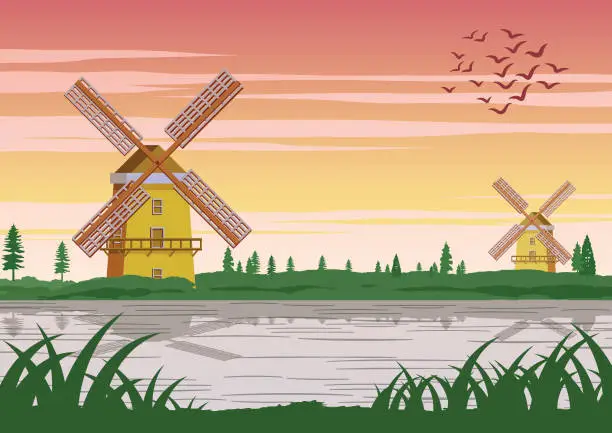 Vector illustration of famous symbol of Holland,wind mill around with beautiful nature,vintage color